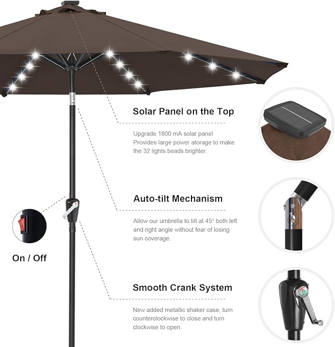 ABCCANOPY Durable Solar Led Patio Umbrellas with 32LED Lights 11FT (Brown)