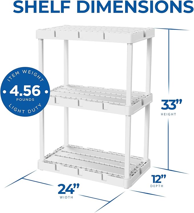 Gracious Living 3 Pack Light Duty Storage Shelves, Knect-A-Shelf 3-Shelf Ventilated Shelving Rack Organizer for Home, Garage, Basement, Laundry, White