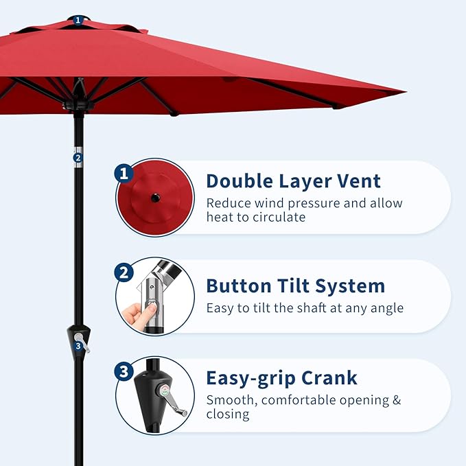 Garvee 9FT Patio Umbrella - Outdoor Table Umbrella with Smooth Crank Lift, Push Button Tilt and 8 Sturdy Ribs - Market Umbrella UV Protection Waterproof for Pool, Deck, Yard, Garden -Red