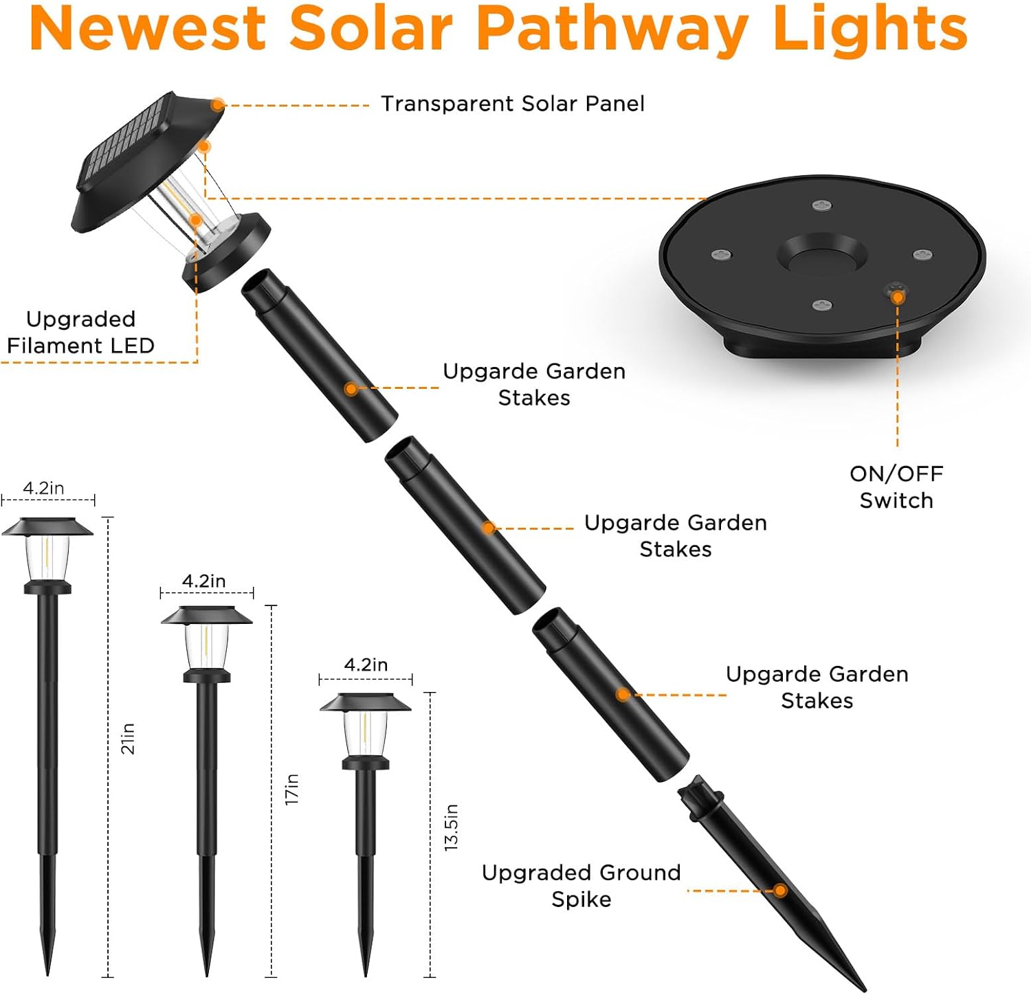 Solar Pathway Lights Outdoor, 8 Pack Warm White Tungsten Filament Solar Lights, 3 Lighting Modes, Auto On/Off, IP65 Waterproof, Dusk to Dawn Solar Garden Lights for Yard, Driveway, Lawn & Landscape