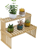 MyGift Natural Bamboo Indoor Plant Stand for Desk, 2 Tier Desktop Shelf Organizer Rack with 2 Slatted Shelves