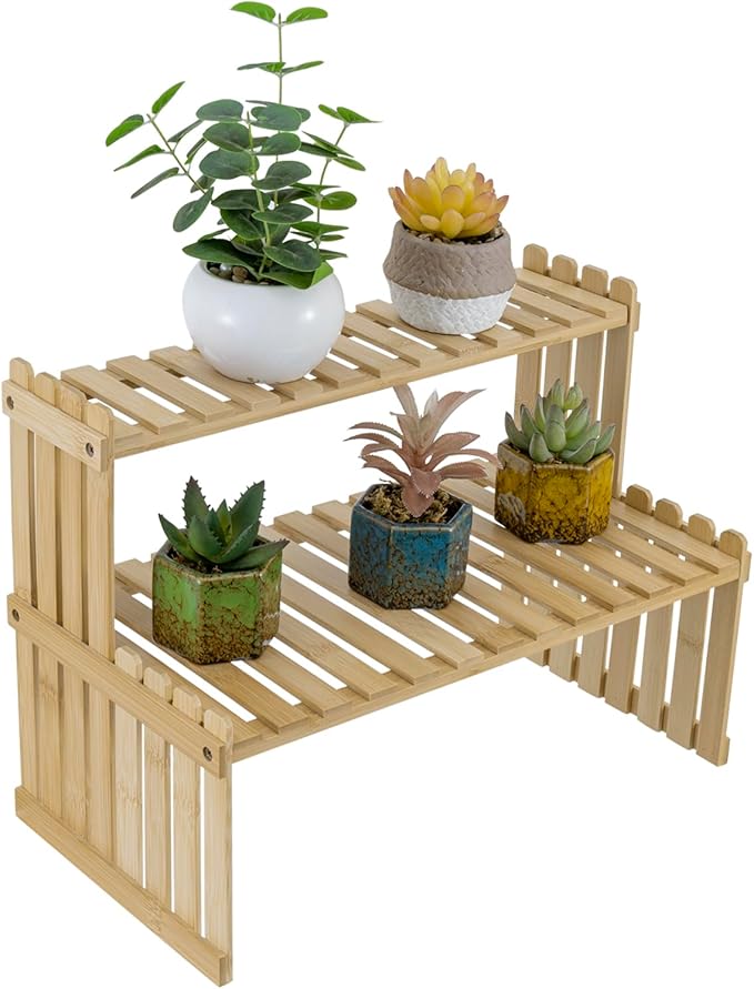 MyGift Natural Bamboo Indoor Plant Stand for Desk, 2 Tier Desktop Shelf Organizer Rack with 2 Slatted Shelves