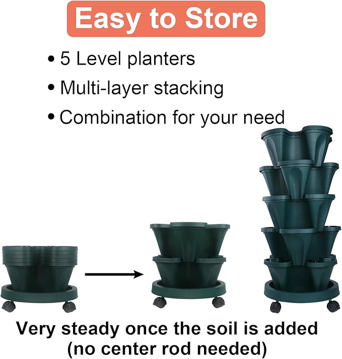 DUNCHATY Stackable Planter, Vertical Garden Planter with Wheels and Tools, Strawberry Indoor/Outdoor 5 Tier Tower Herb for Growing Vegetables Succulents, Dark Green, 2 Pack