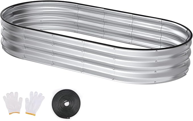 Raised Garden Bed, 6x3x1ft Galvanized Outdoor Planter Beds with Safety Edging and Gloves, Oval Metal Planter Box for Gardening Vegetables Flowers Herb-Sliver