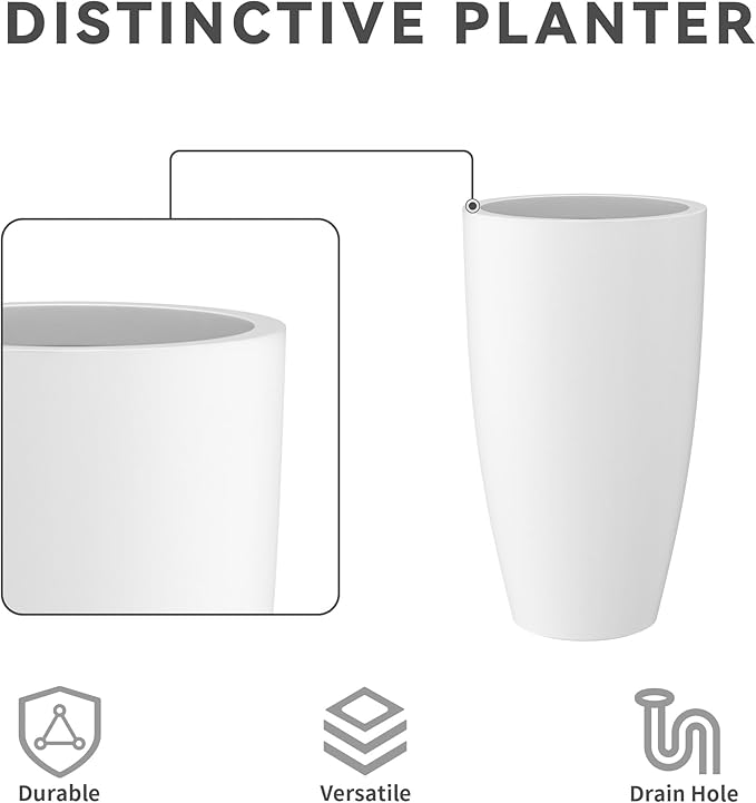 Kante 23.6" H Pure White Concrete Tall Planters (Set of 2), Large Outdoor Indoor Decorative Plant Pots with Drainage Hole and Rubber Plug, Modern Style for Home and Garden