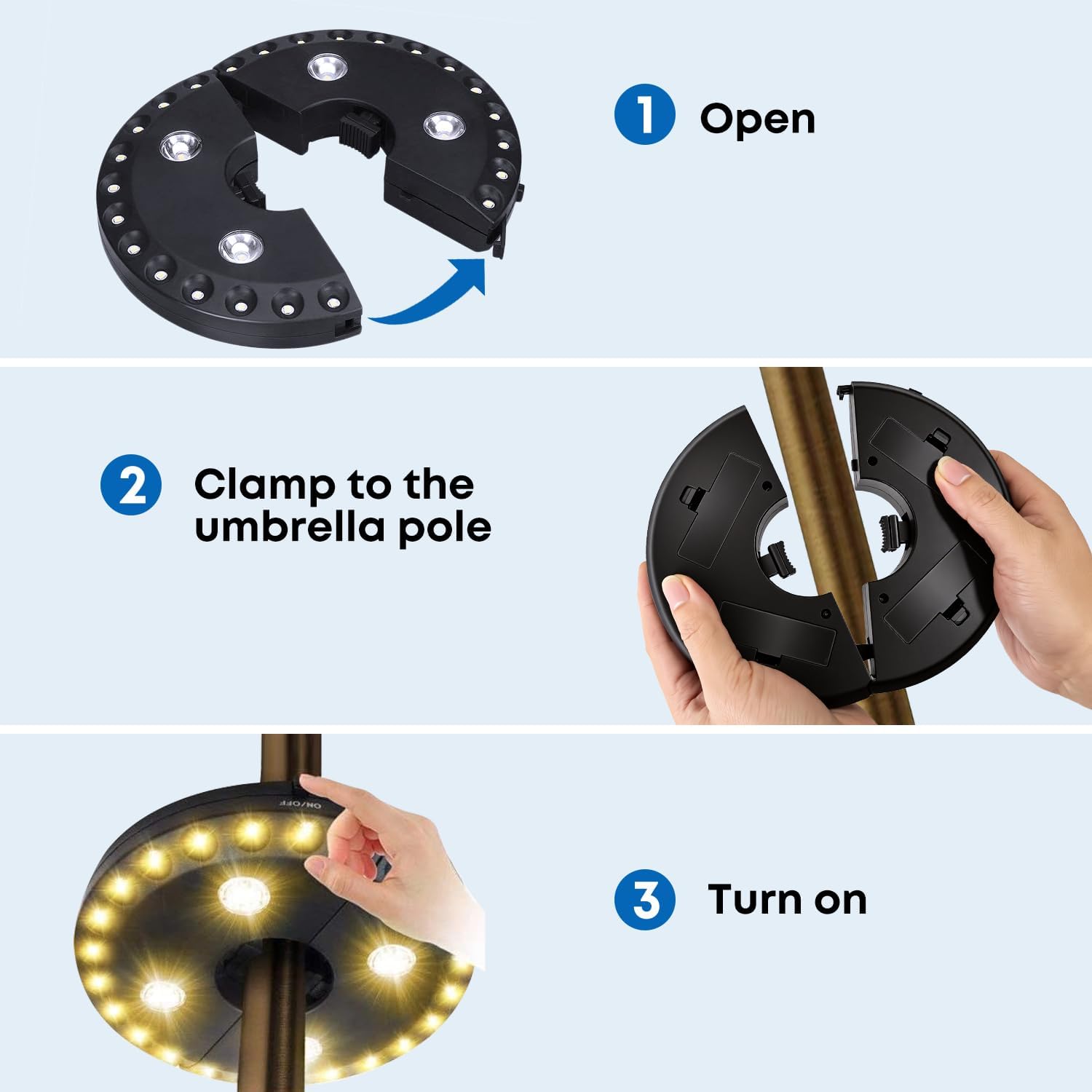 Patio Umbrella Light 3 Brightness Modes Cordless,with 28 Warm White LEDs-4 * AA Battery Operated Umbrella Lights,Fits 1.15"-2" Umbrella Poles,for Patio Umbrellas,Camping Tents and Indoor Use