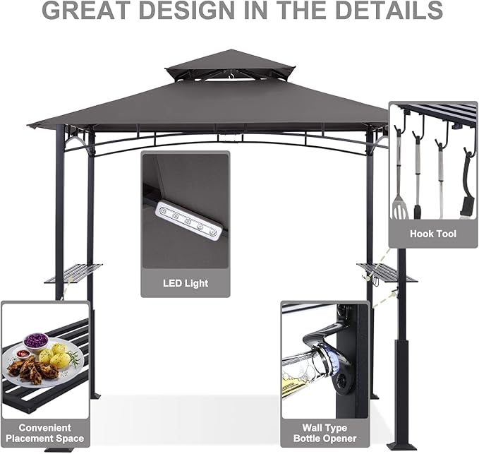 ABCCANOPY 8x5 Grill Gazebo - Outdoor BBQ Canopy Shelter with Led Light for Patio Backyard Grilling (Dark Grey)