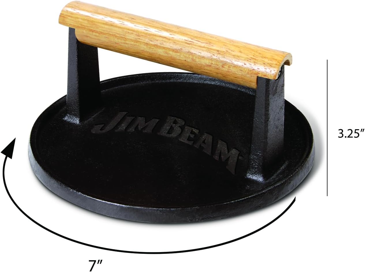 Jim Beam JB0158 Black Cast Iron Burger Press - 7'' Heavy Duty Burger Press with Solid Wood Handle