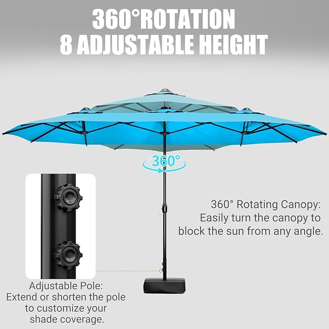 LEVELEVE 14FT Double-Sided Patio Umbrella with Base Included, Large Outdoor Rectangular Market Umbrella for Backyard, Poolside, Lawn & Garden,Blue