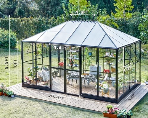 amerlife 14x9.5x9 ft hybrid polycarbonate greenhouse quick-connect assembly, front angle view