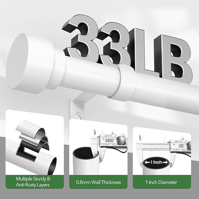 Curtain Rods for Windows 28 to 48, 1 Inch Adjustable White Heavy Duty Curtain Rod, Modern Style Indoor Outdoor Drapery Rods with End Caps, Size 32" - 60"