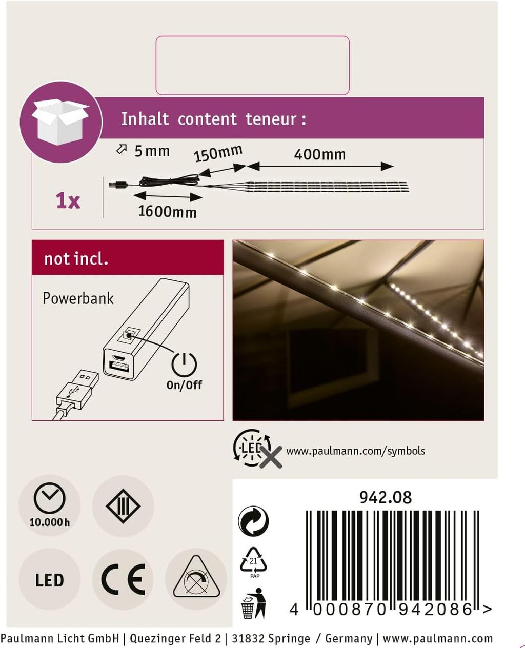 Paulmann 942.08 Outdoor Mobile IP44 3000K 4x0.4m Parasol Decorative luminaire Light LED Strips 94208, 1.8 W, Black