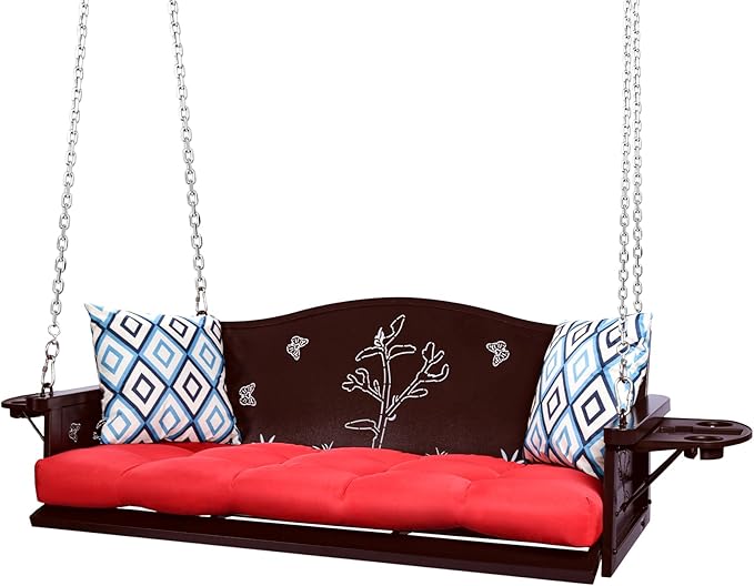3-Seat Metal Porch Swing 900 LBS Heavy Duty Hanging Bench with Upgraded Tray & Cushions Rust-Resistant Finish Swing Chair with 8.9FT Chains for Patio Lawn Garden