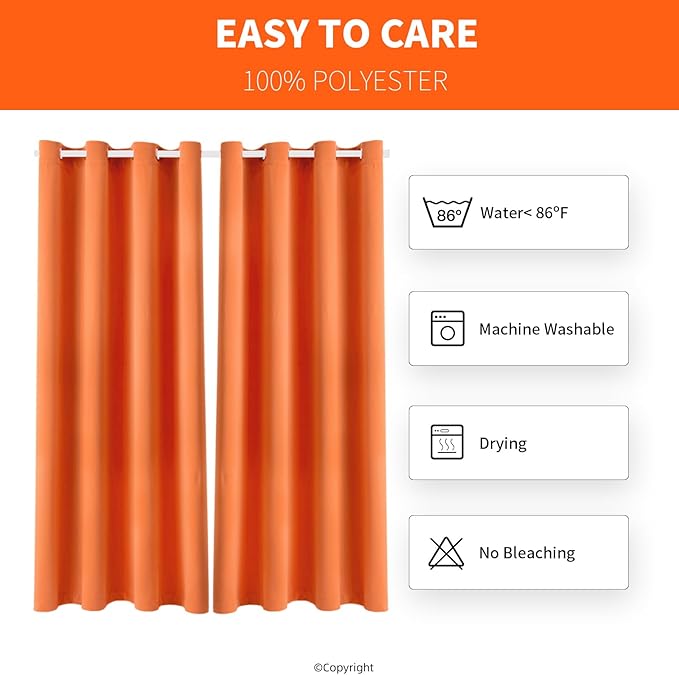 Waterproof Outdoor Curtain W52 x L63 - Grommet Top Sunlight Blocking Window Treatment Drapes Blackout Curtains for Home Bedroom Living Room Outdoor Patio Porch Pergola (Orange, 2 Panels)