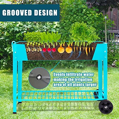 raised planter box beds with wheels legs, elevated, close-up detail