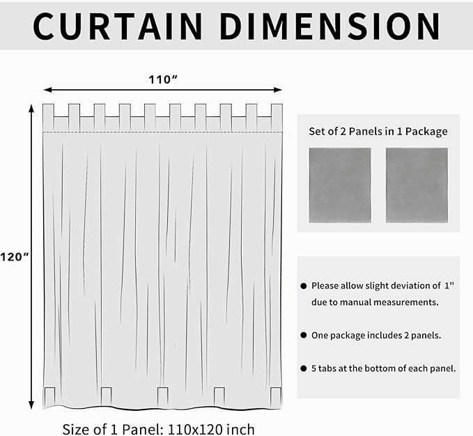 Easy-Going Outdoor Patio Curtains Detachable Tab Top Windproof Weatherproof Curtain for Cabana, Porch, Pergola and Gazebo, Tab Bottom Drape, 2 Panels, 110W x 120L inch, Light Grey