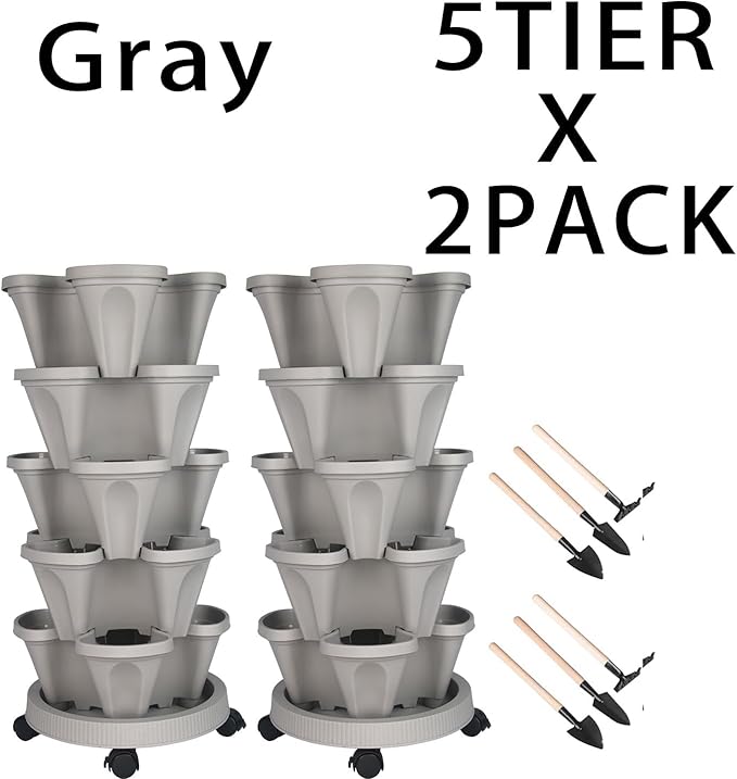 GameXcel Vertical Planter 5 Tier Stackable Planters Garden Planters Strawberry Herb Flower and Vegetable Planter Indoor Outdoor Gardening Pots with Removable Wheels and Tools 2-Pack