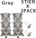 GameXcel Vertical Planter 5 Tier Stackable Planters Garden Planters Strawberry Herb Flower and Vegetable Planter Indoor Outdoor Gardening Pots with Removable Wheels and Tools 2-Pack