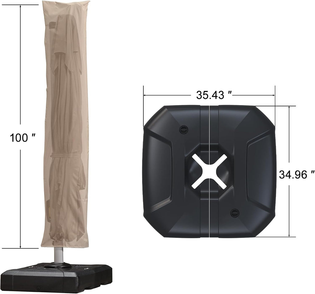 purple leaf patio umbrella with base and cover, side view