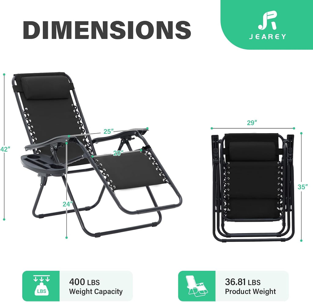 JEAREY Zero Gravity Lounge Chairs Set of 2, Adjustable Steel Mesh Recliners with Pillows and Cup Holder Trays for Patio, Garden, Beach, Black