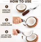 DOITOOL Coconut Meat Removal Tool Stainless Steel Fresh Coconut Scraper Knife with Ergonomic Wood Handle for Raw Shell Extraction and Manual Opener | Curved 9 inch Blade with Ergonomic Wood Handle for Raw Shell Extraction and Manual Opener