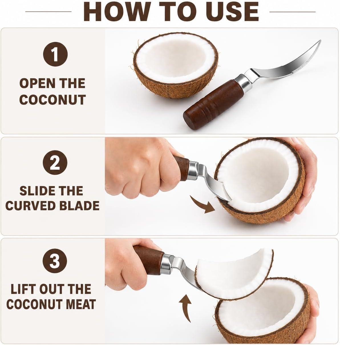 DOITOOL Coconut Meat Removal Tool Stainless Steel Fresh Coconut Scraper Knife with Ergonomic Wood Handle for Raw Shell Extraction and Manual Opener | Curved 9 inch Blade with Ergonomic Wood Handle for Raw Shell Extraction and Manual Opener