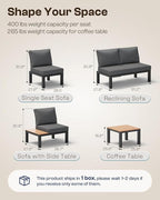 Aluminum Outdoor Patio Sofa Set, 2 Seats Modular Sectional Single Seat Sofa Chairs with Removable Cushions, All-Weather Outdoor Conversation Sets for Garden & Yard, Graphite
