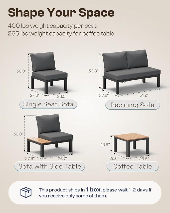 Aluminum Outdoor Patio Sofa Set, 2 Seats Modular Sectional Sofa with Side Table, Thick & Removable Cushions, All-Weather Outdoor Conversation Sets for Garden & Yard, Graphite