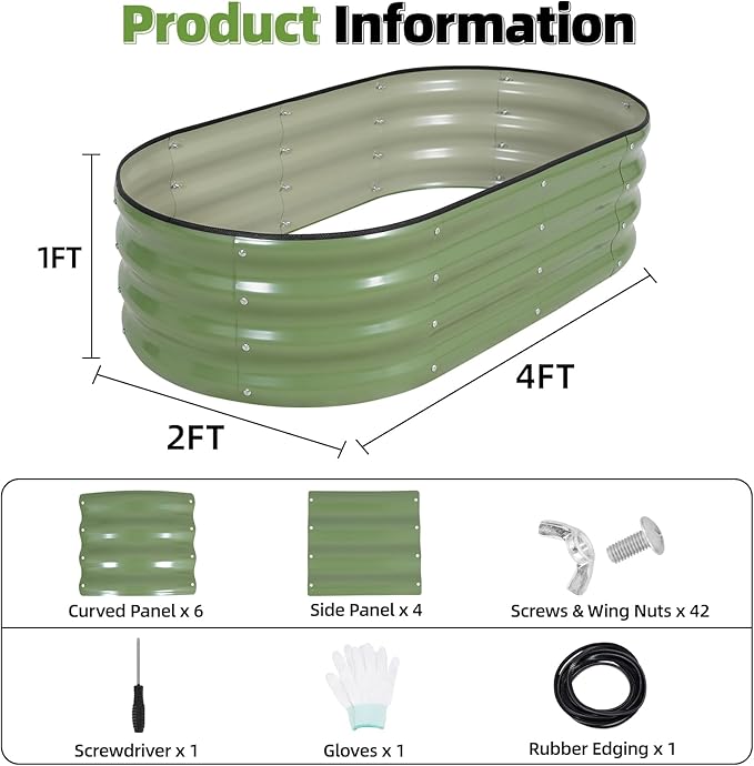 G GOOD GAIN Galvanized Metal Raised Garden Bed Kit - 4x2x1FT Outdoor Planter Box with Safety Edging and Gloves for Vegetables, Fruits, Flowers(OliveGreen, 2PC)