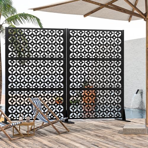 6ft black freestanding metal outdoor privacy screen, cross, side view
