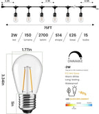 Svater 75 FT Outdoor String Lights 2W, Patio Light for Outside with 26 Antique S14 Plastic LED Bulbs, IP65 Waterproof Hanging Cafe Market Lighting, ETL-Listed Dimmable Warm White