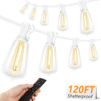 Brightever 120FT LED Outdoor String Lights with Remote, Patio Lights Outdoor Waterproof with 38 Shatterproof Edison Bulbs, Dimmable Outside Hanging Light for Birthday, Party, Christmas Decor, White