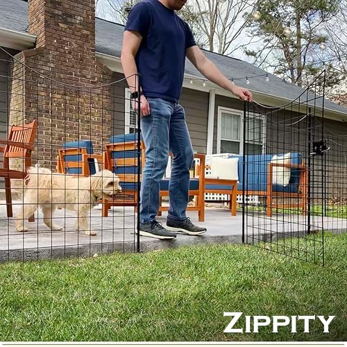 zippity 39in h black metal fence w/ gate shown in use