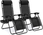 EZONE (Set of 2 Zero Gravity Lounge Chairs Outdoor Adjustable Reclining Patio Chair Steel Mesh Folding Recliner for Pool Beach Camping Lounge Chair with Pillows and Cup Tray (2, Black)
