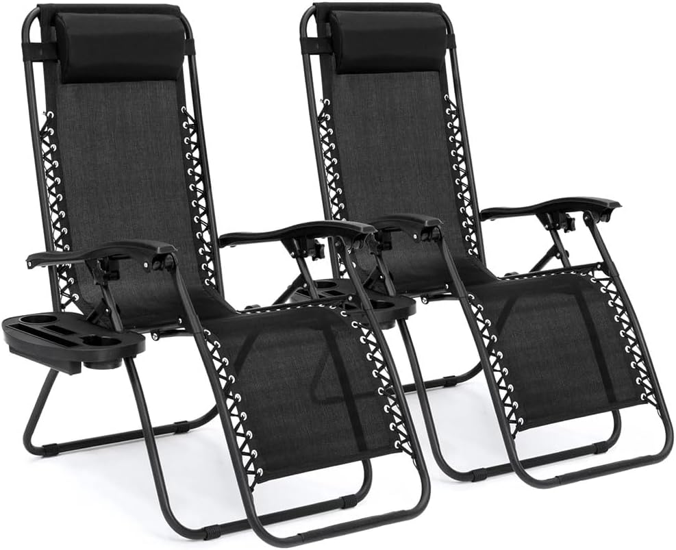 EZONE (Set of 2 Zero Gravity Lounge Chairs Outdoor Adjustable Reclining Patio Chair Steel Mesh Folding Recliner for Pool Beach Camping Lounge Chair with Pillows and Cup Tray (2, Black)