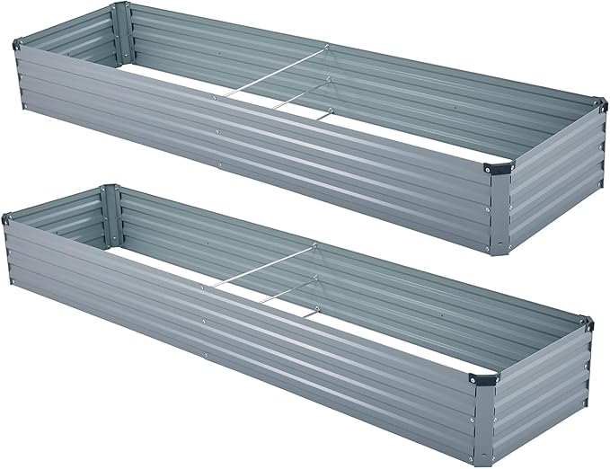 2 Pack 8x2x1FT Galvanized Raised Garden Bed Kit, Outdoor Metal Planter Box for Vegetables, Bottomless Rectangular Gardening Bed with Support Rods, Tool-Free Assembly, Gray