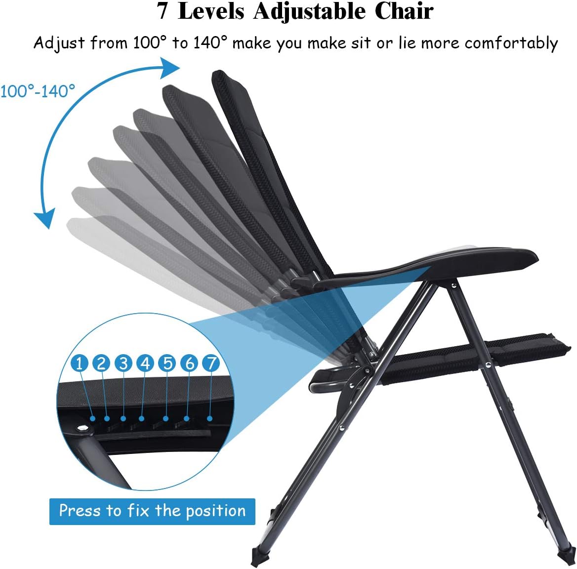 Giantex Set of 2 Patio Chairs, Folding Chairs with Adjustable Backrest, Outdoor Sling Chairs for Bistro, Deck, Backyard, Armchair with Padded Seat, 300 lbs Capacity (2, Black)