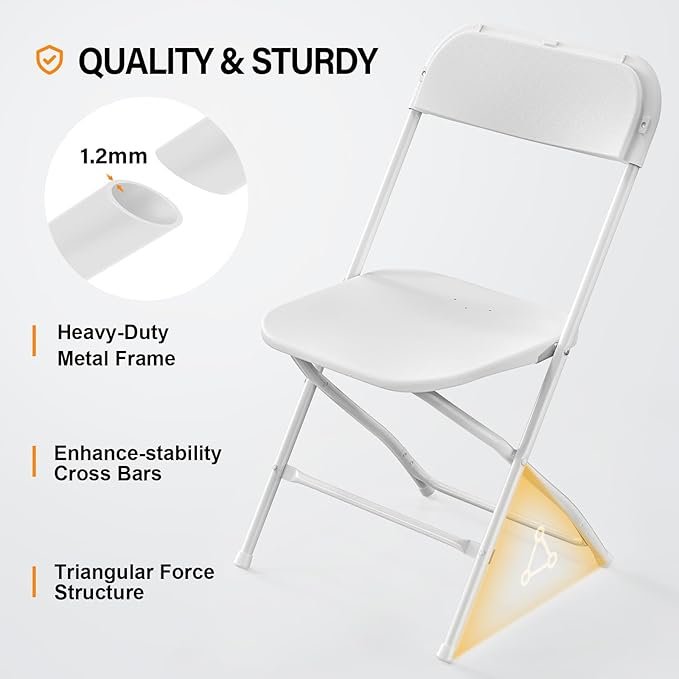 VINGLI 8 Pack White Plastic Folding Chair, Indoor Outdoor Portable Stackable Commercial Seat with Steel Frame 350lb. Capacity for Events Office Wedding Party Picnic Kitchen Dining