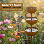 Rain Catcher Garden Stake with Water Bowls, 3-Tiered Metal Bird Bath & Bee Watering Station, Decorative Plant Support for Outdoor Patio Yard Lawn & Garden Art