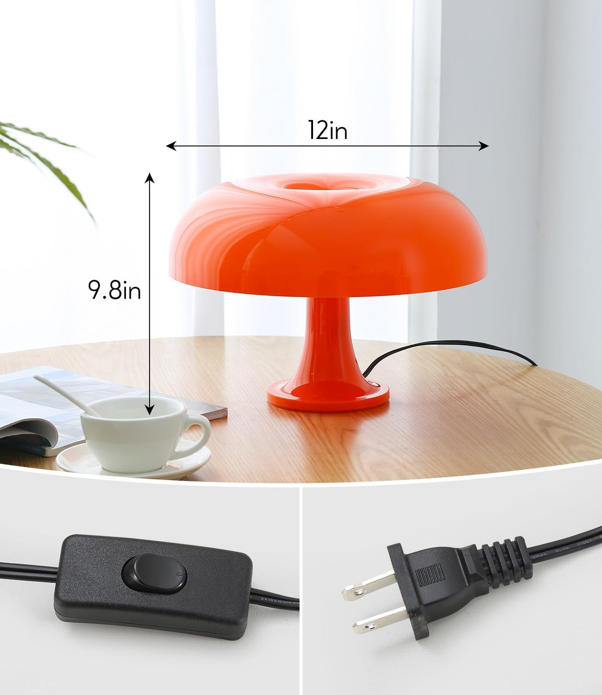 orange mushroom lamp, mid century modern table lamp, side view