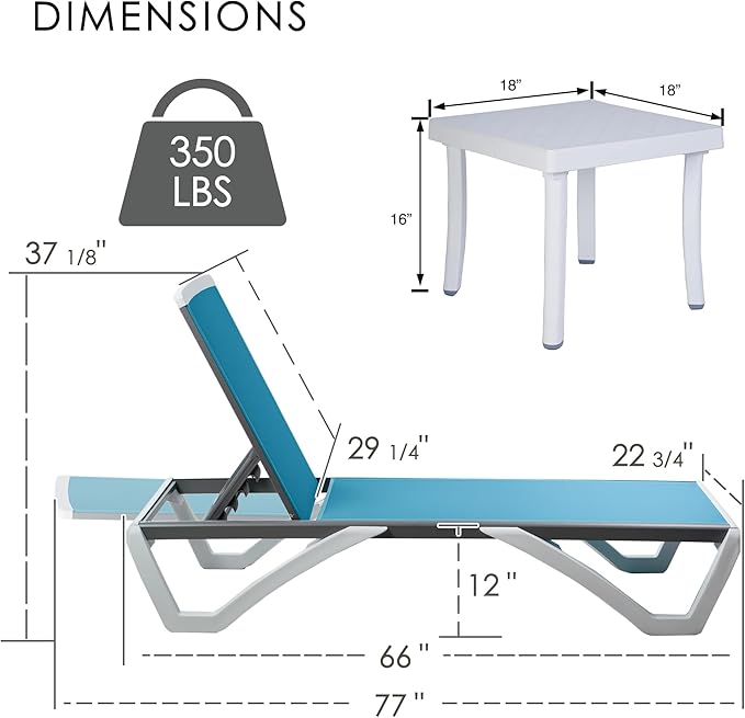 Kozyard Outdoor Chaise Lounge Chair, Full Flat Adjustable Patio Lounger with Aluminum Frame & Resin Legs, Textilene Fabric for Poolside, Backyard & Beach (Aqua/WhiteFrame, 2Chairs + Table)