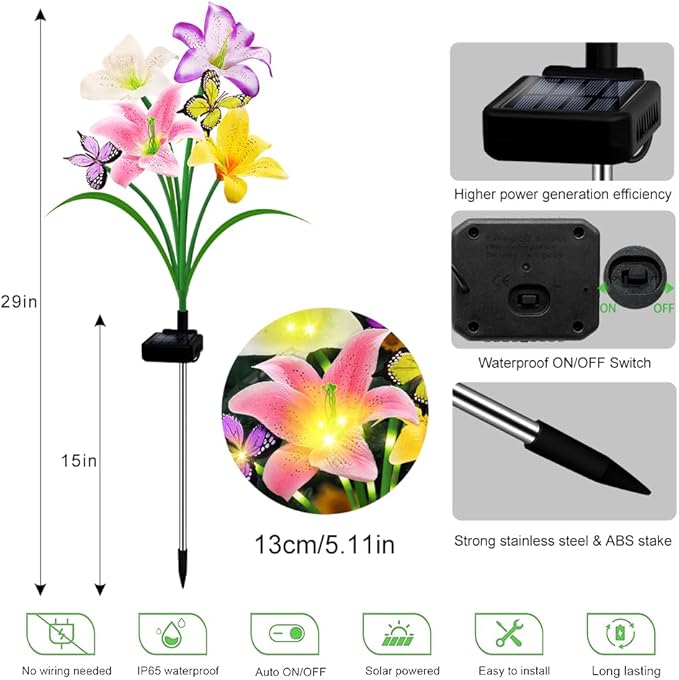 Solar Garden Lights 2 Pack with 8 Lilies Outdoor Decorative Flower Lights for Garden, Gift for Family and Friends, IP65 Waterproof Flower Solar Outdoor Stake Lights for Yard Patio Lawn Pathway