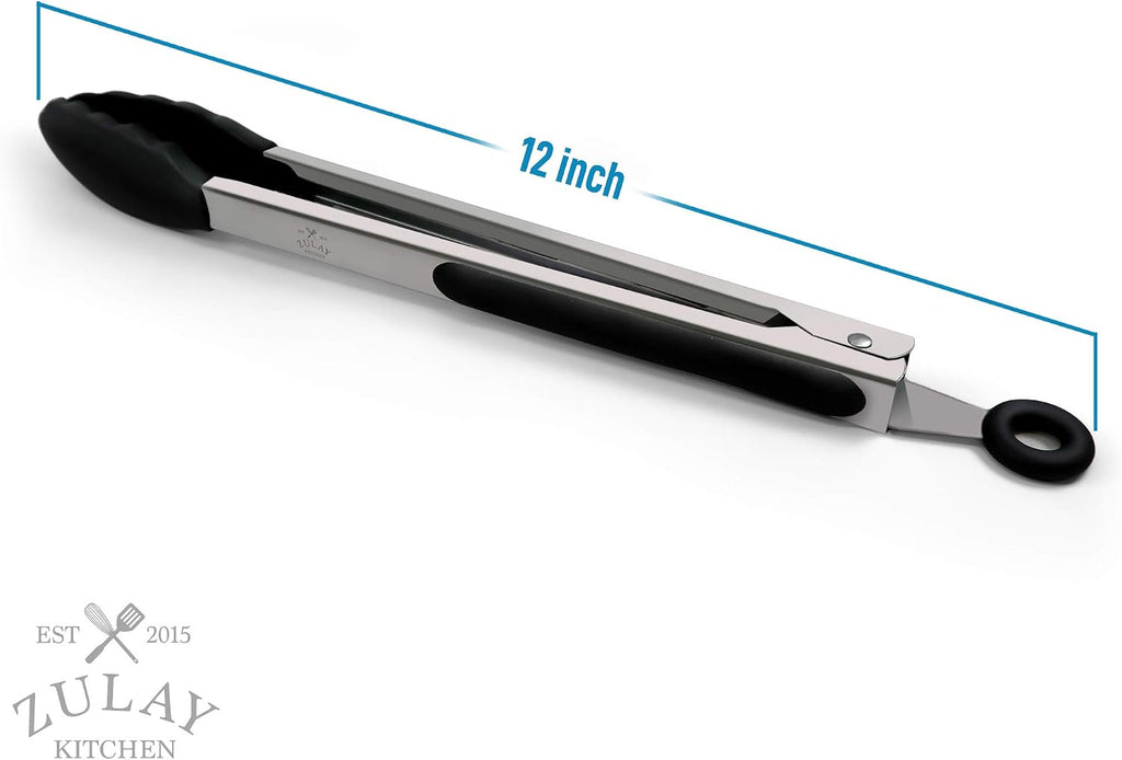 Zulay Premium Set of Stainless Steel Tongs for Cooking, Grilling and Barbecue - 12" Heavy Duty Silicone Tongs with Heat Resistant, Nonstick, Silicone Heads, Best for Non-Scratch Cookware