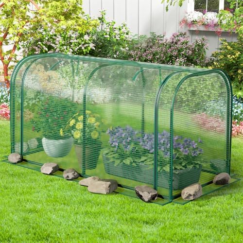 raised garden bed with greenhouse, waterproof sun-protective green, front angle view