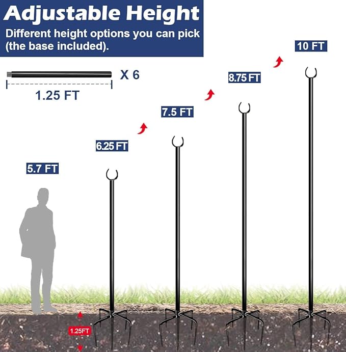 10FT String Light Poles for Outdoor, Heavy Duty Metal Lighting Stand Pole for Garden Lawn Backyard Patio Holiday Wedding Party Decorations 2 Pack