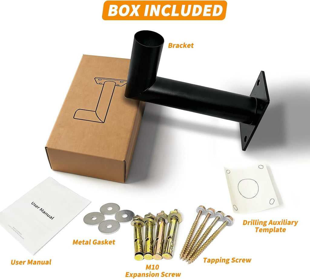 90 Degree Wall Light Mounting Bracket, 11" Arm, 2-3/8" OD Tenon | Galvanized Steel, 0.2" Flange, 0.05" Tube, Full Welds, Slim 3.9" Base, Concrete/Wood Hardware and Drilling Template Included