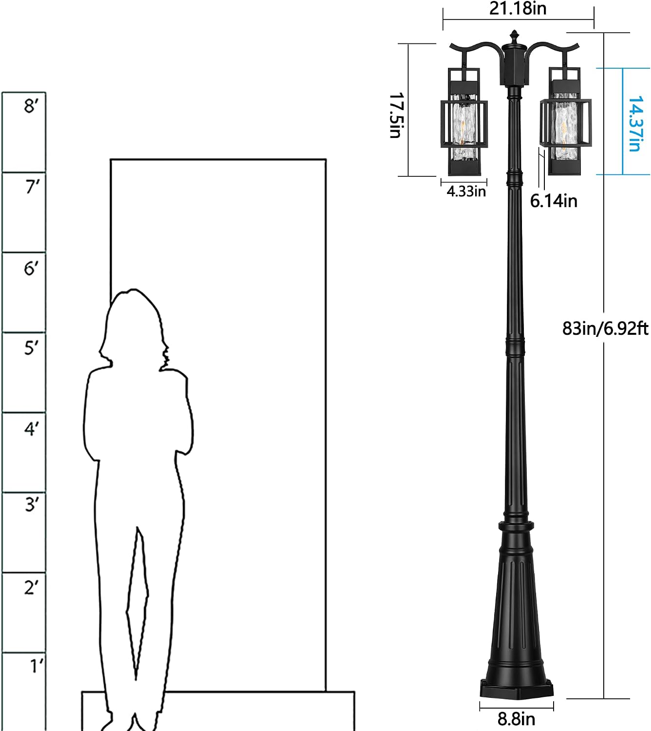 Modern Outdoor Lamp Post Light 2-Head, Hardwired Street Light Post for Outside Metal Pole Light Outdoor Lighting with Water Glass Shade for Garden Patio Backyard Walkway Driveway