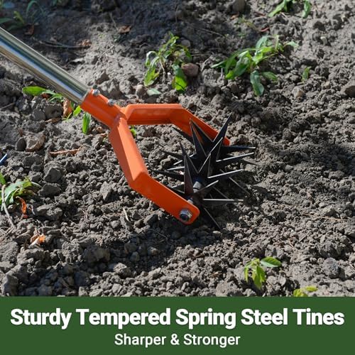 67in garden cultivator with tempered spring steel tines, close-up detail