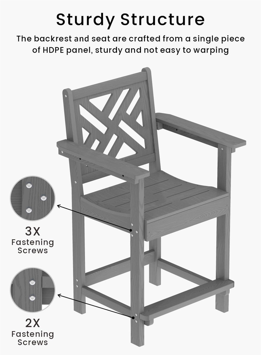 Tall Adirondack Chairs Set of 2, Outdoor 24'' Counter Height Bar Stools with Back and Arms, All-Weather HDPE Patio Tall Chairs for Balcony, Backyard, Garden, Deck (Grey)