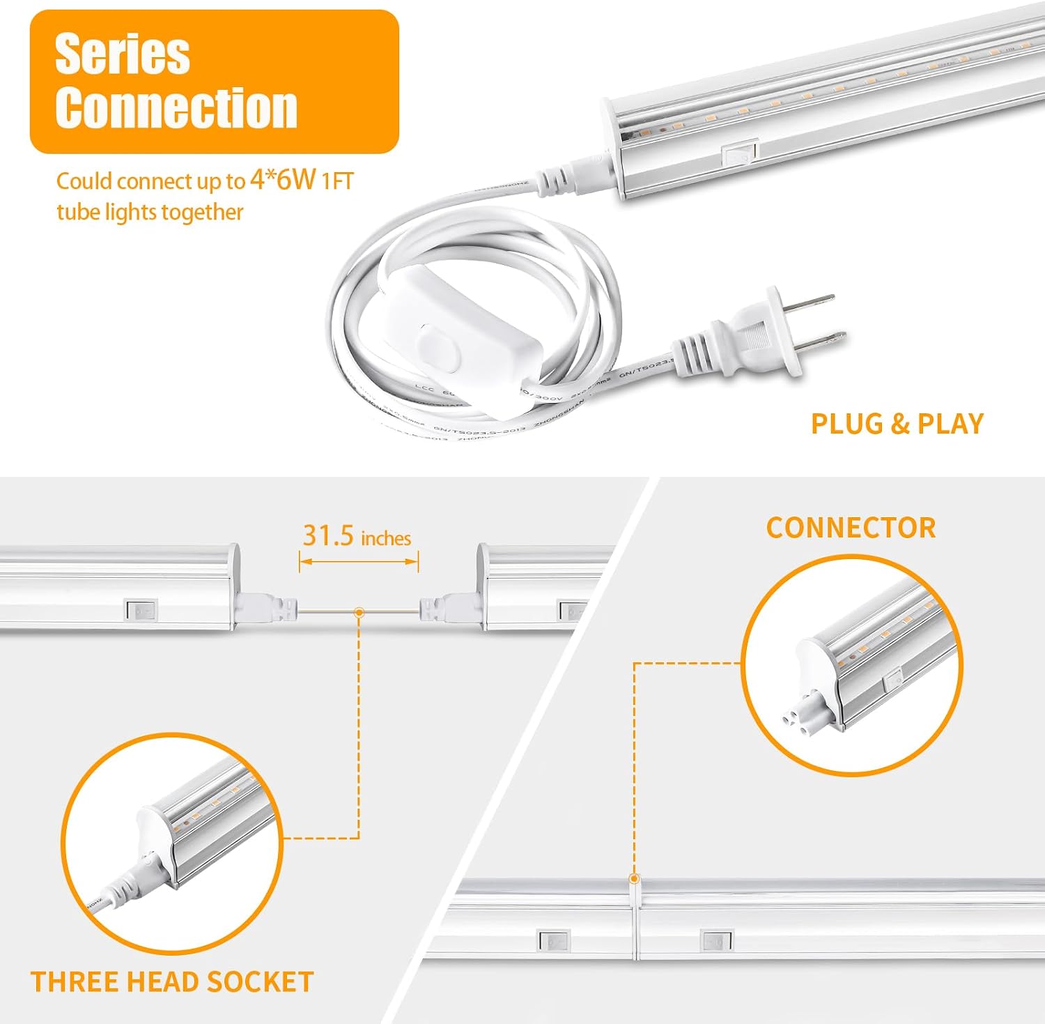 T5 1FT 0.3M 6W×4 Warm Light 3000K Grow Light Tubes,Full Spectrum LED Grow Lights,6W Energy Efficient,Plug & Play,for Hydroponics/Soil Seedlings Vegetables Herbs Flower (4 Packs)